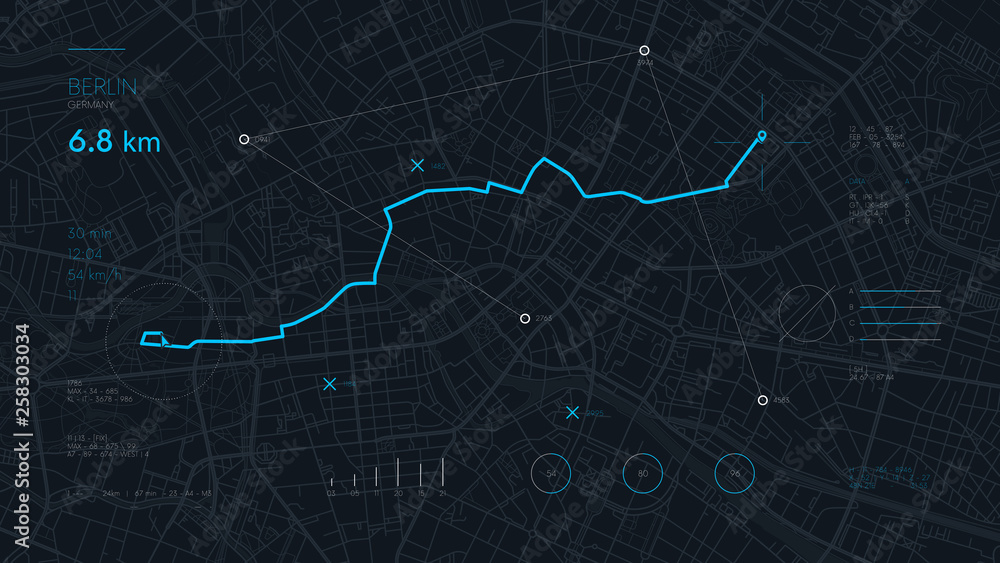 Futuristic route dashboard GPS tracking map, navigate mapping technology and locate position pin on the streets of the city Berlin
