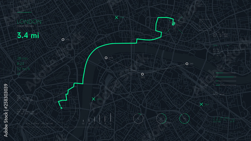 Futuristic travel GPS map or location navigator, navigate mapping technology and final destination on the streets of the city London
