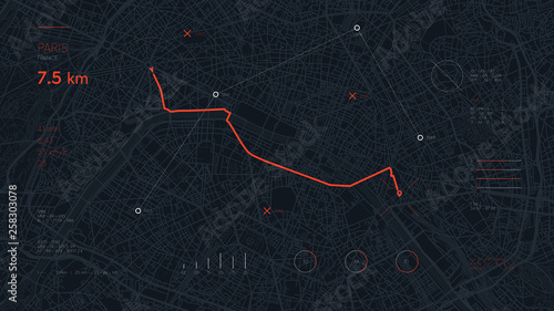 Navigate device dashboard GPS tracking map, Futuristic mapping technology route of destination point and location on the streets of the city Paris
