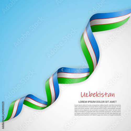 Vector banner in white and blue colors and waving ribbon with flag of Uzbekistan. Template for poster design, brochures, printed materials, logos, independence day. National flags