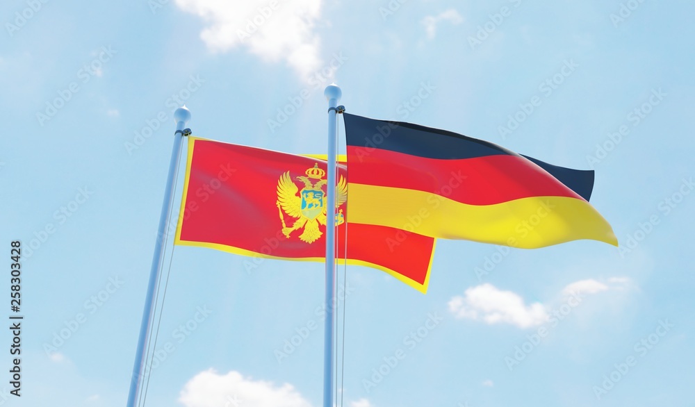 Germany and Montenegro, two flags waving against blue sky. 3d image Germany and Montenegro, two flags waving against blue sky. 3d image