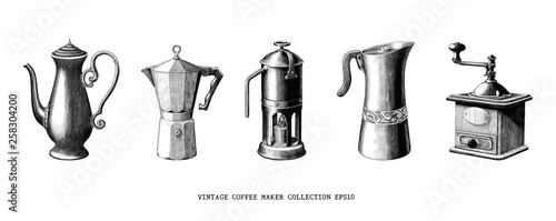 Vintage coffee maker collection hand draw black and white clip art isolated on white background
