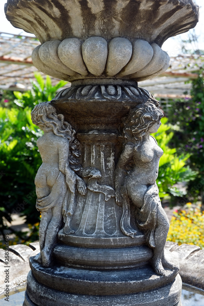 Vintage Outdoor Fountain with Little Angels Decorated in the City Park