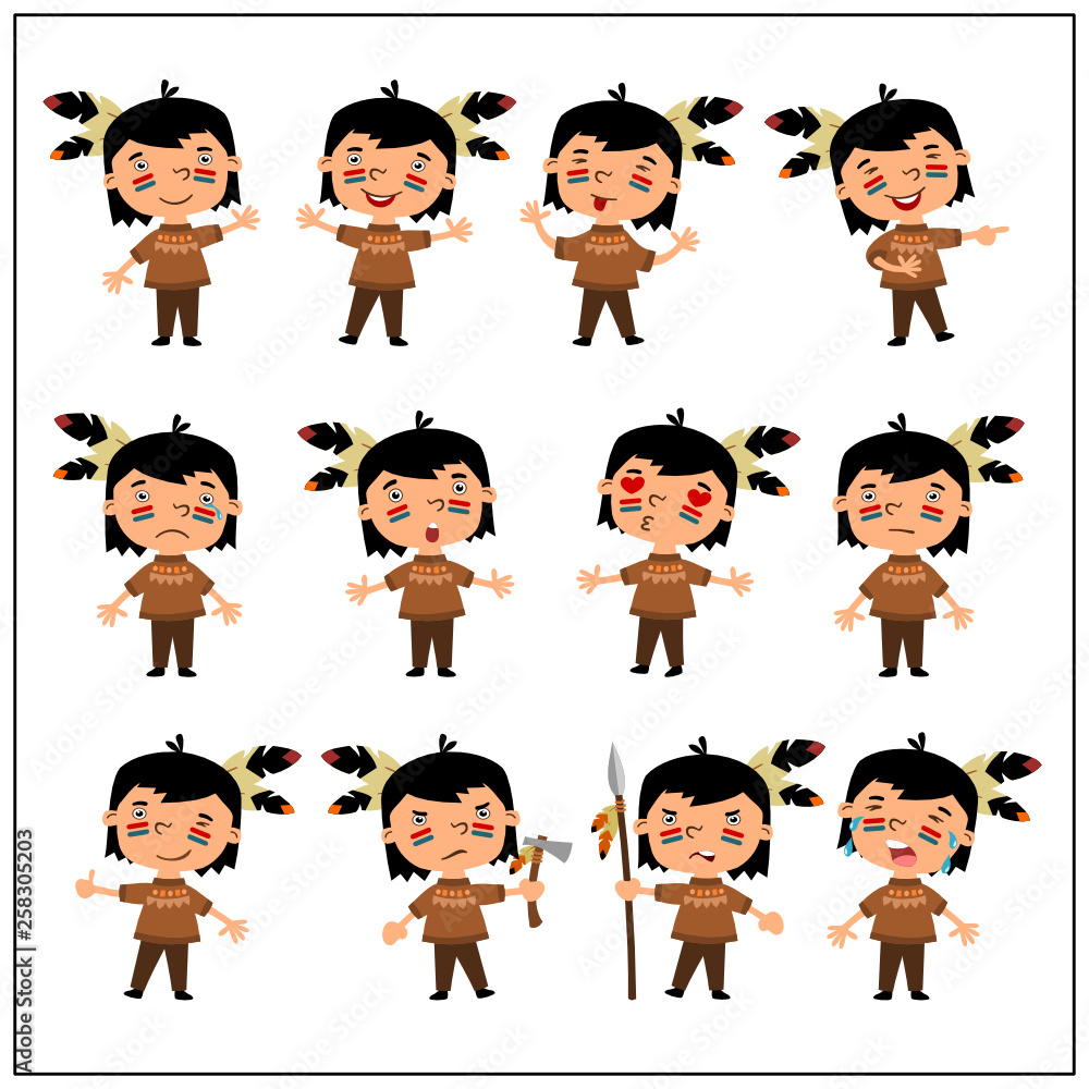 Set of funny Indian boy in cartoon style in different poses isolated on  white background. Stock Vector | Adobe Stock