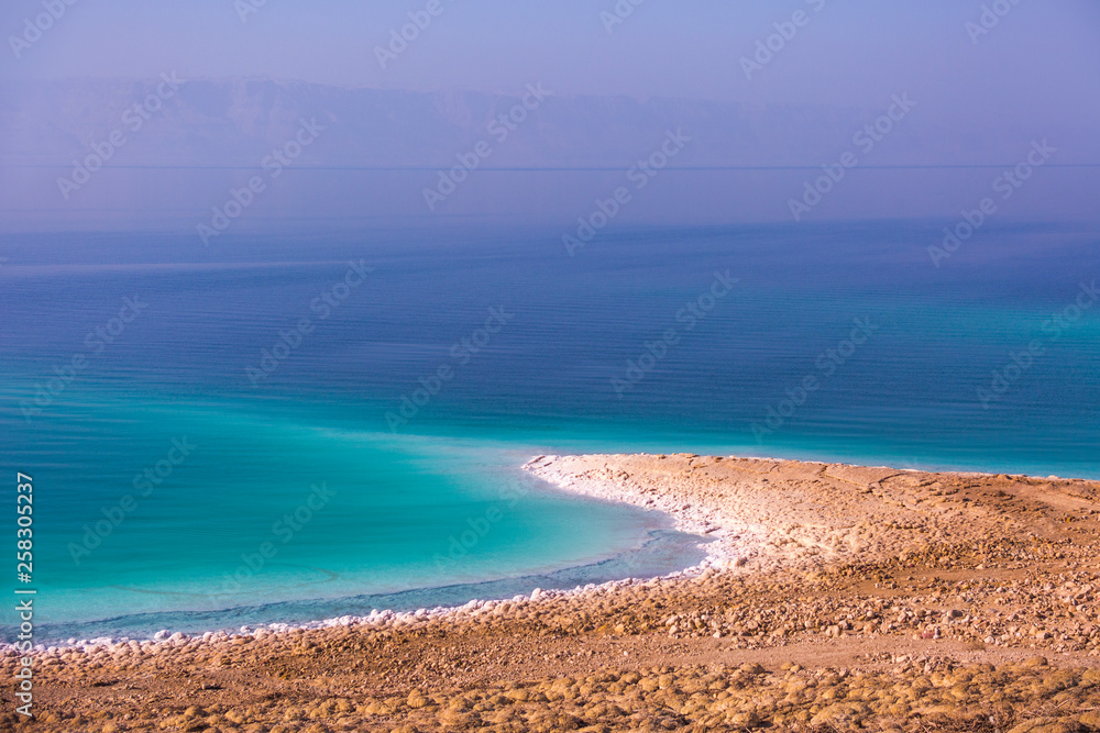 Salt on the shore. Dead Sea. Jordan landscape