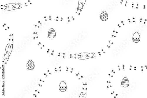 Easter bunny, eggs hunt seamless pattern with outlined elements. Black and white minimalistic design.