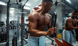 Sport. Handsome man doing exercise.Muscular man working out in gym doing exercises at triceps, strong male naked torso abs
