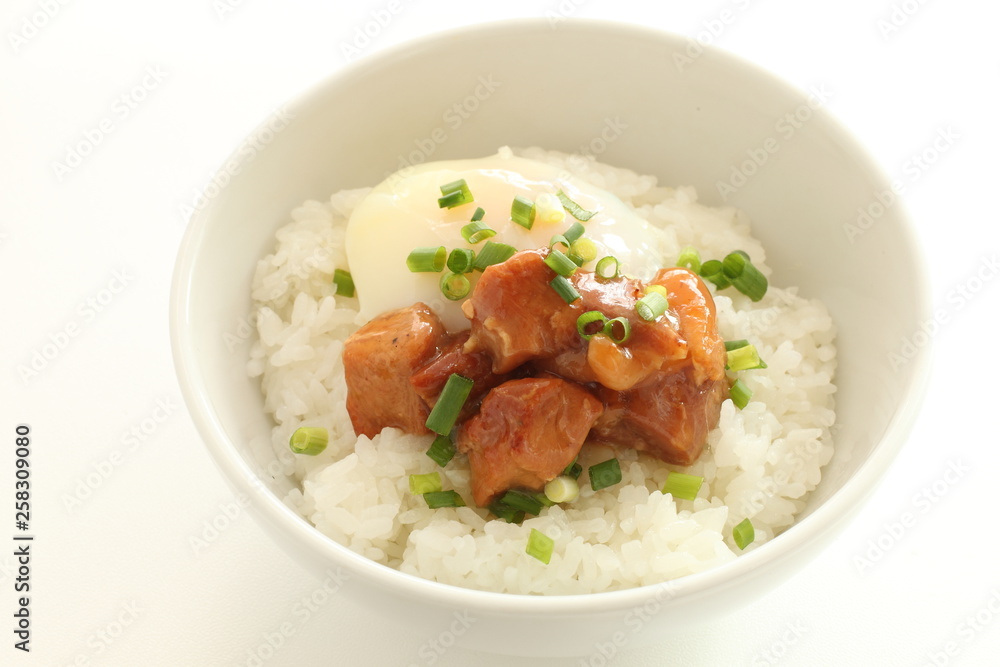 Japanese food, canned Yakitori and egg on rice Japanese food, canned Yakitori and egg on rice