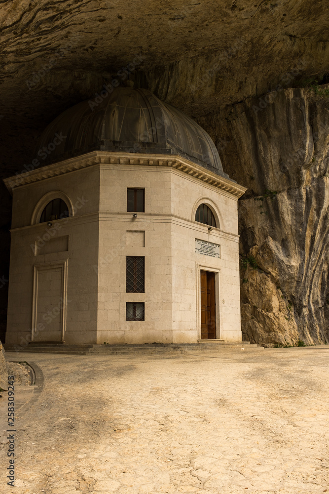The view of the church in the cave known as Temple of Valadier,  the church is unique in that it is tucked into a cave over the looking the valley.