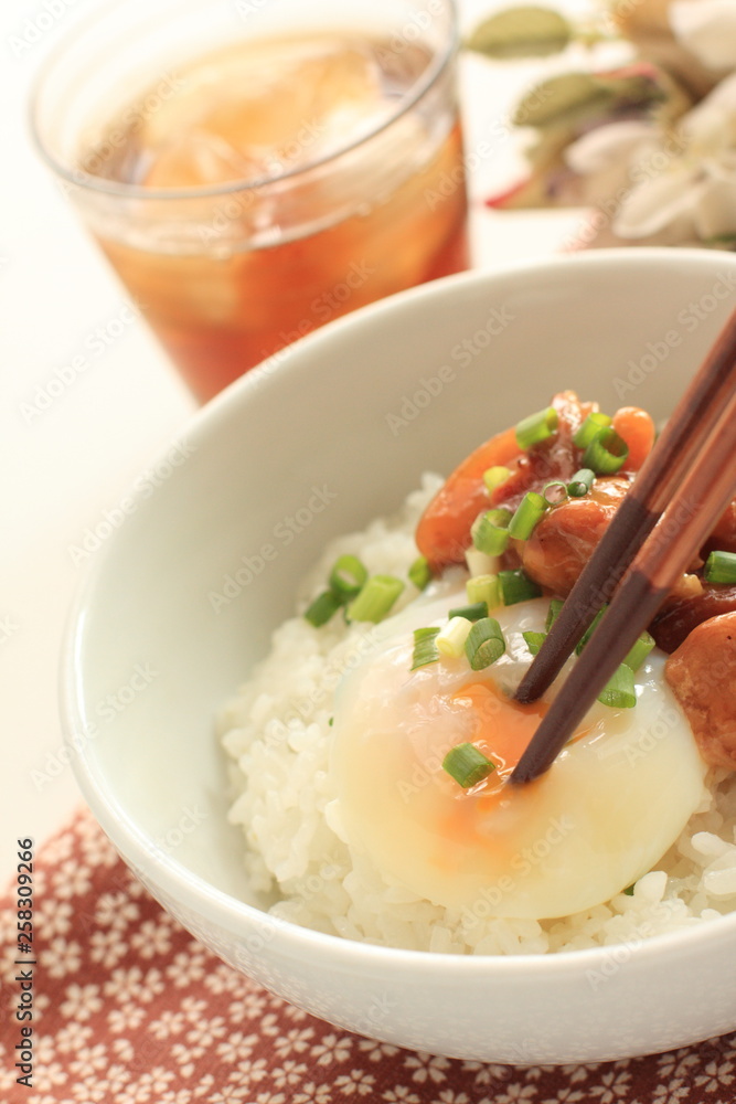 Japanese food, canned Yakitori and egg on rice Japanese food, canned Yakitori and egg on rice