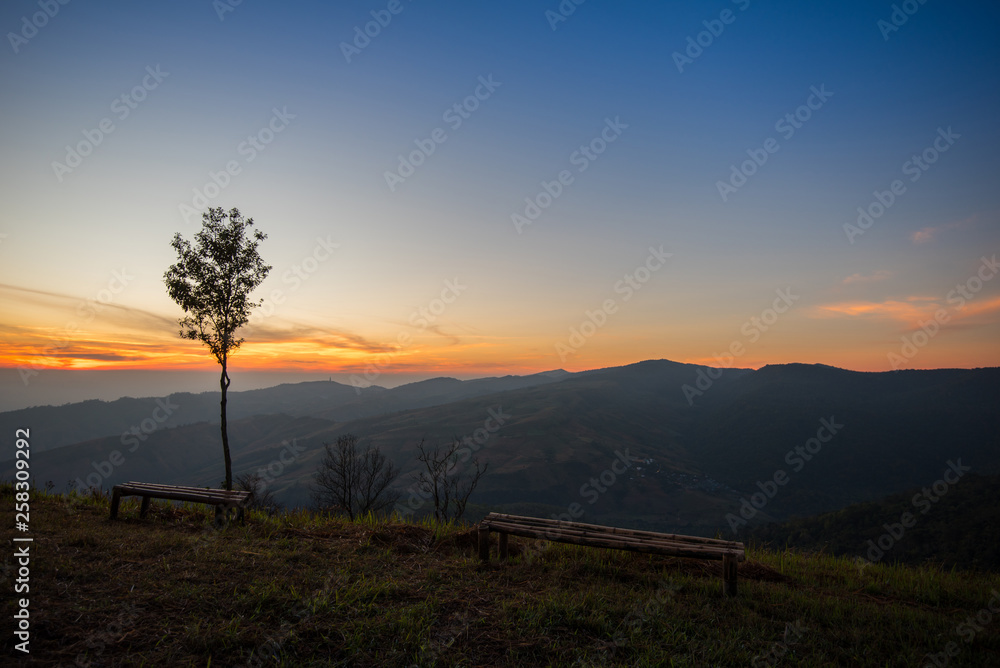 Sunset or sunrise on viewpoint hill mountain yellow and blue sky with tree and bamboo bench