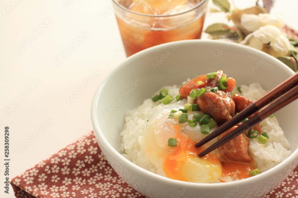 Japanese food, canned Yakitori and egg on rice Japanese food, canned Yakitori and egg on rice