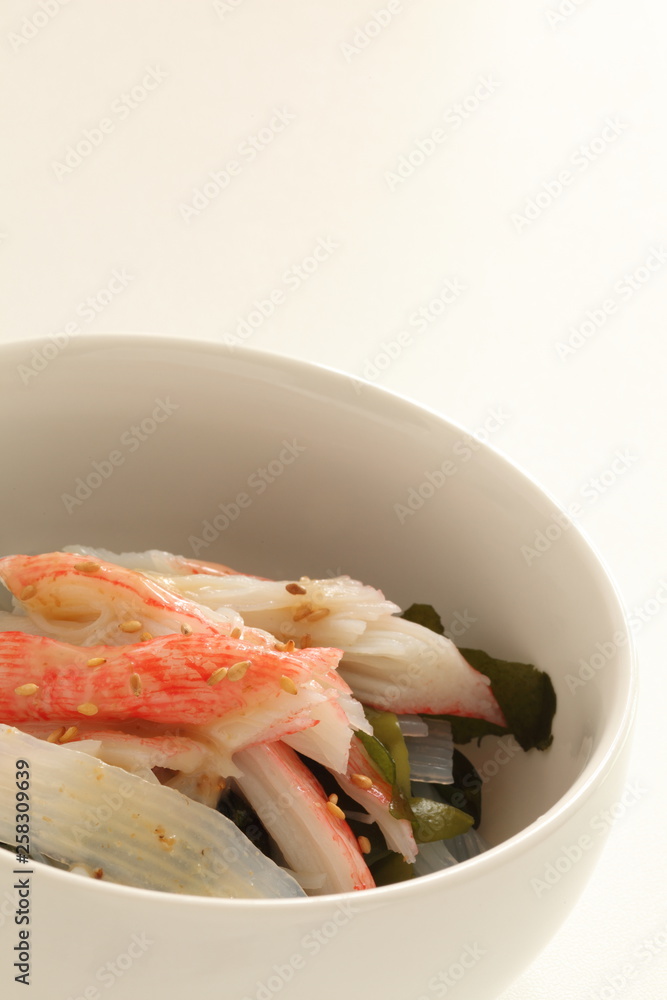 Stockfoto Japanese crab stick and seaweed agar salad for healthy eating