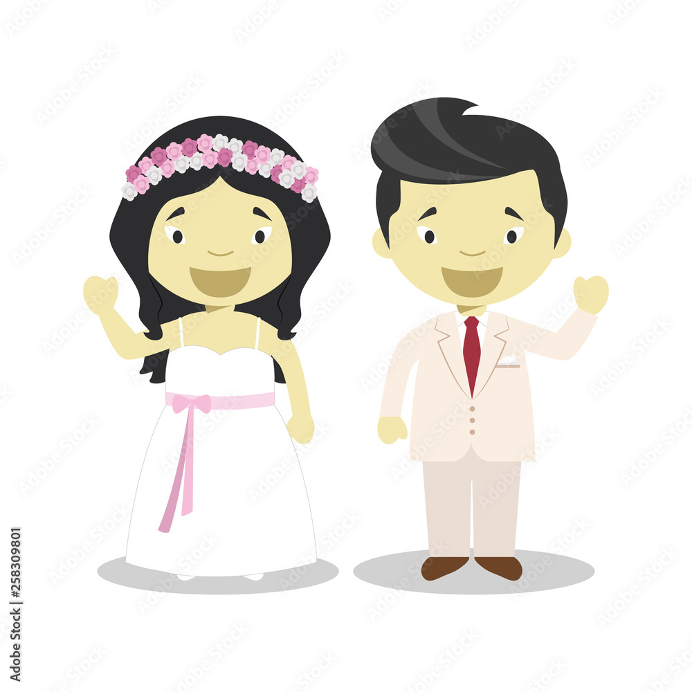 Obraz premium Oriental newlywed couple in cartoon style Vector illustration