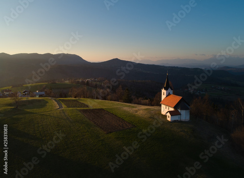 Aerial shot of Church on the hill 