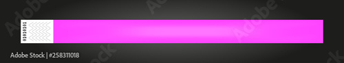 Vector luminous neon violet, purple or pink cheap empty bracelet or wristband. Sticky hand entrance event paper bracelet isolated on black. Template or mock up suitable for various identifications.