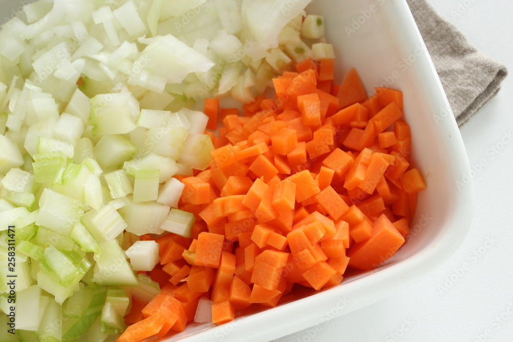 Chopped carrot and celery with onion Chopped carrot and celery with onion