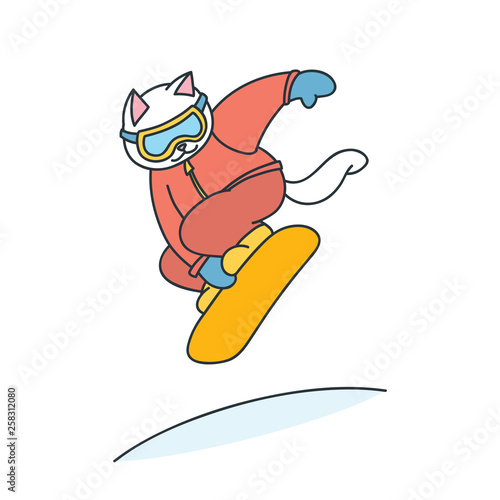 Snowboarder cat. Doodle illustration of cute cat doing a jump on a snowboard. Vector 8 EPS.