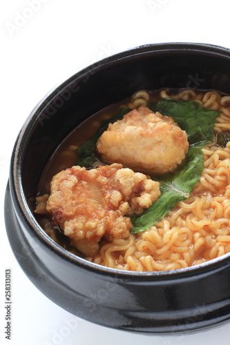 Korean food, chicken and ramen noodles