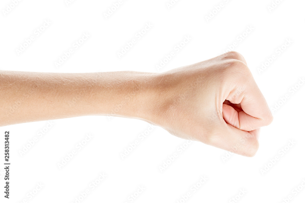 Female hand isolated on white background. White woman's hand showing symbols and gestures. Fist Female hand isolated on white background. White woman's hand showing symbols and gestures. Fist