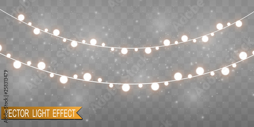 Christmas bright, beautiful lights, design elements. Glowing lights for design of Xmas greeting cards. Garlands, light Christmas decorations. 