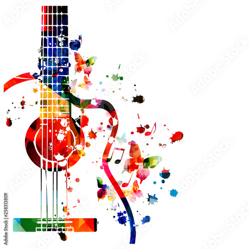 Colorful guitar with music notes isolated vector illustration design. Music background. Music instrument poster with music notes, festival poster, live concert events, party flyer