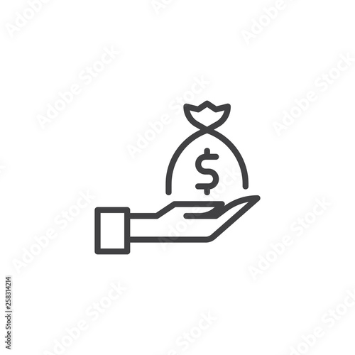 Dollar money bag on hand line icon. linear style sign for mobile concept and web design. Hand give money outline vector icon. Business and finance symbol  logo illustration. Vector graphics