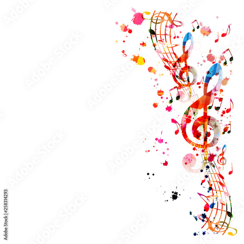 Music background with colorful music notes vector illustration design. Artistic music festival poster, live concert events, party flyer, music notes signs and symbols