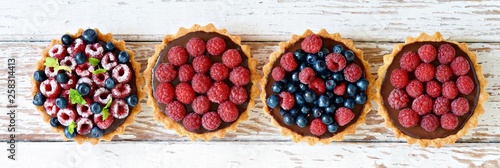 Obraz na plátně Raspberry and blueberry tartlets with chocolate ganache, fresh berries and mint leaves, selective focus