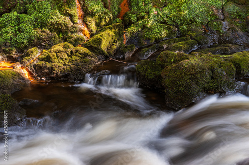 Fototapeta Naklejka Na Ścianę i Meble -  Long exposure of a river flowing through moss covered rocks. Dodder river landscape in Kiltipper Park, Dublin, Ireland.
