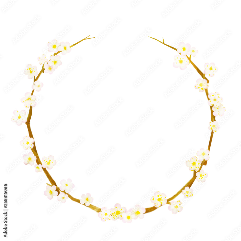 Illustration of a round strip made of twigs and small white flowers Illustration of a round strip made of twigs and small white flowers