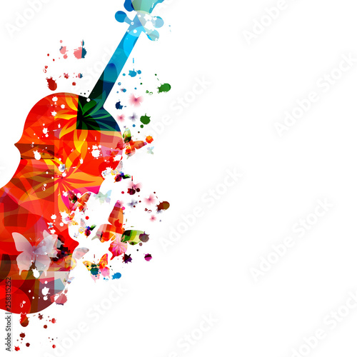 Colorful violoncello with butterflies isolated vector illustration design. Music background. Music instrument poster with butterflies, music festival poster, live concert events, party flyer