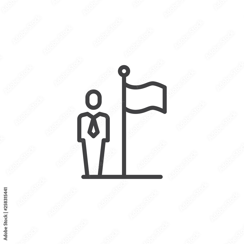 Business man and flag line icon. linear style sign for mobile concept and web design. Successful mission outline vector icon. Goal achievement symbol, logo illustration. Pixel perfect vector graphics Business man and flag line icon. linear style sign for mobile concept and web design. Successful mission outline vector icon. Goal achievement symbol, logo illustration. Pixel perfect vector graphics