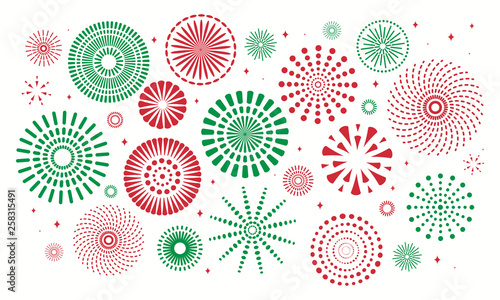 Set of fireworks for Italian Republic in Italy flag colors, green, red. Isolated objects on white background. Vector illustration. Design element for poster, banner, greeting card.