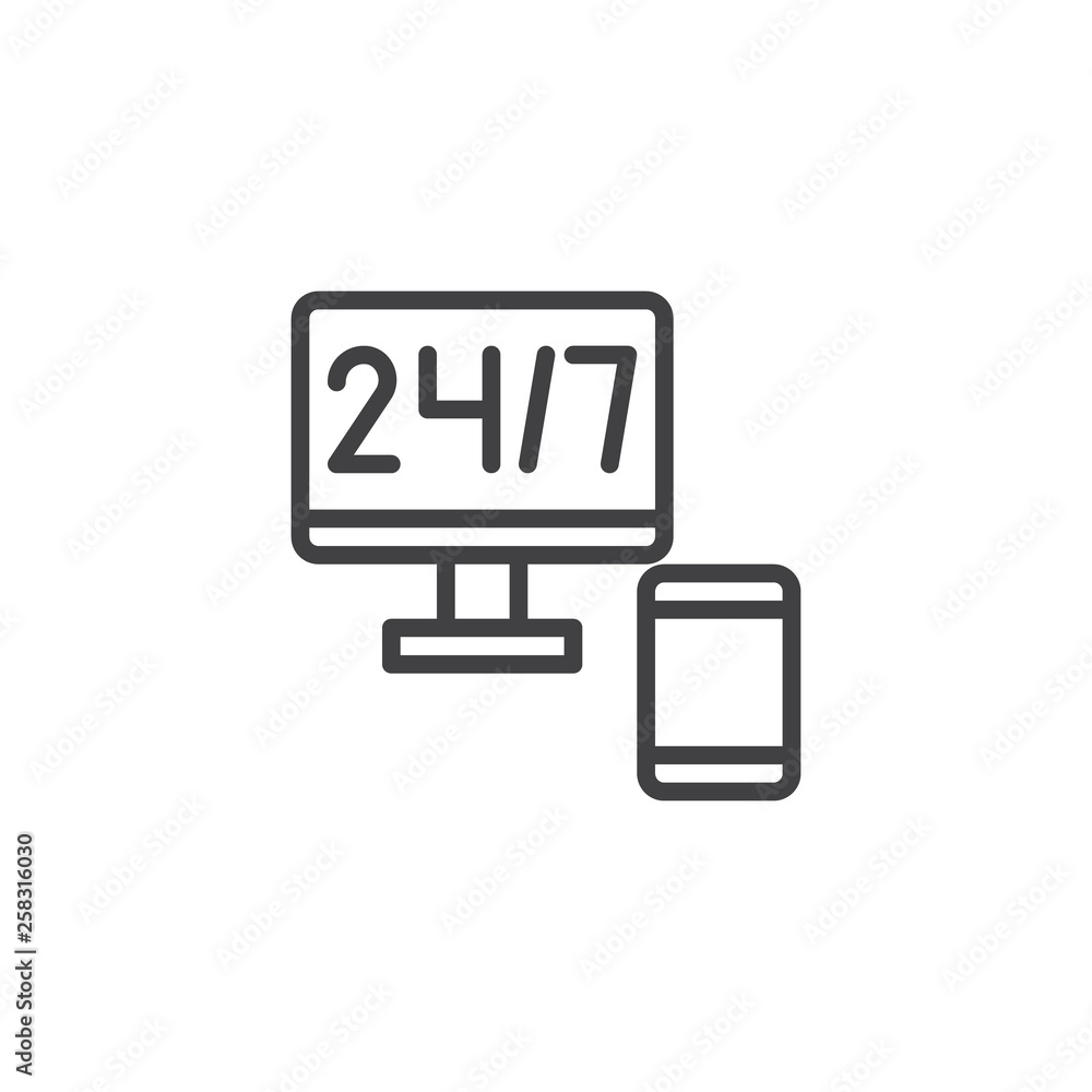 Full Time Service line icon. linear style sign for mobile concept and web design. 24 7 online computer monitor and phone outline vector icon. Symbol, logo illustration. Pixel perfect vector Full Time Service line icon. linear style sign for mobile concept and web design. 24 7 online computer monitor and phone outline vector icon. Symbol, logo illustration. Pixel perfect vector