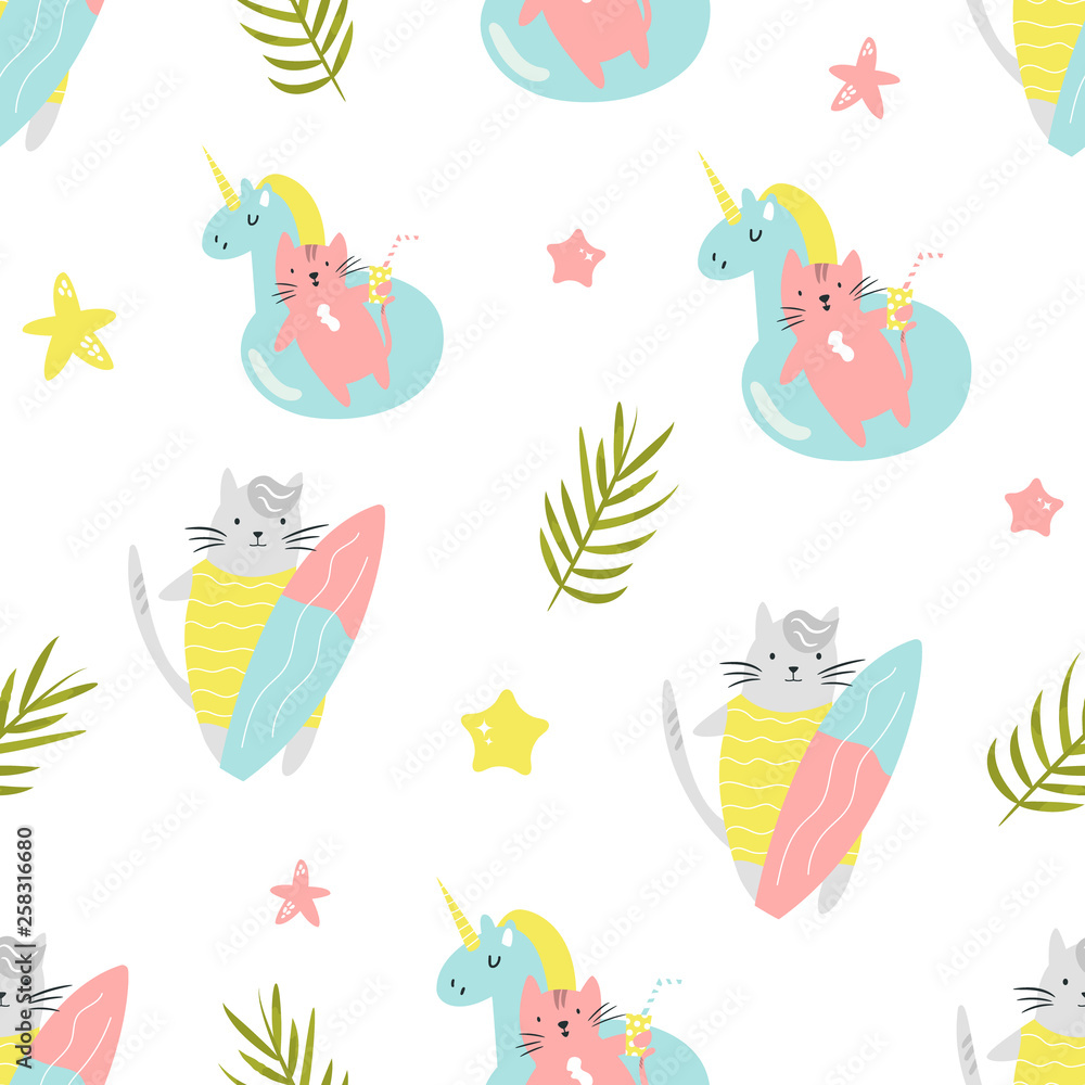 Bright seamless pattern with funny summer cats Bright seamless pattern with funny summer cats