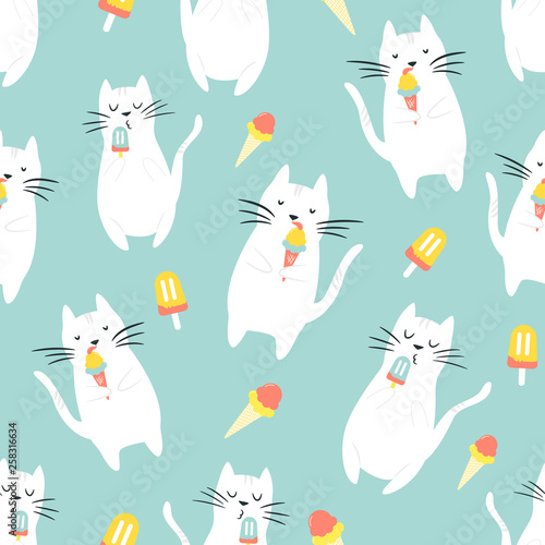Seamless pattern with funny cats eating ice cream