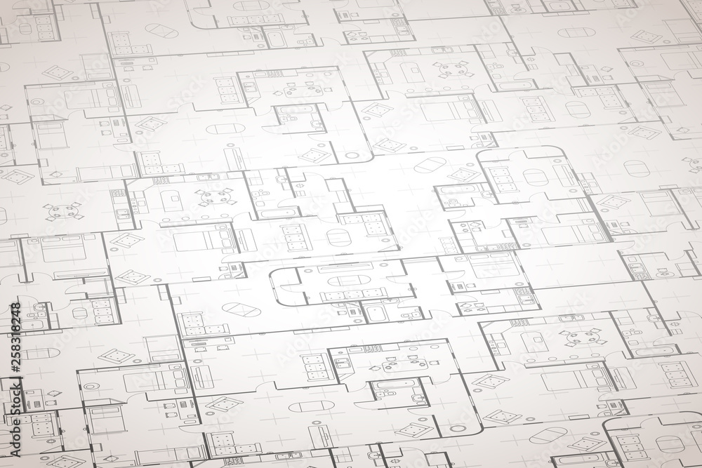Complicated house floor plan with interior details on construction blueprint scheme on white in perspective, detailed background Complicated house floor plan with interior details on construction blueprint scheme on white in perspective, detailed background