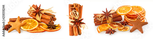 Set of dried oranges, star anise, cinnamon sticks and gingerbread, isolated on white background