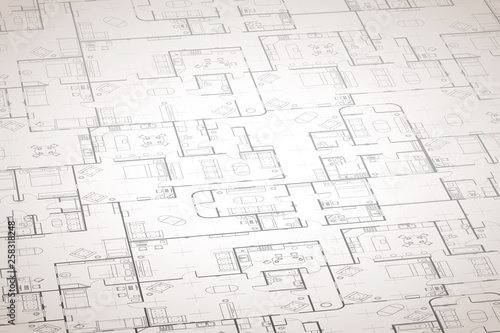 Complicated house floor plan with interior details on construction blueprint scheme on white in perspective, detailed background