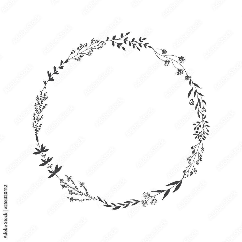 Hand drawn vector round frame with floral elements, herbs, leaves, flowers, twigs, branches - obrazy, fototapety, plakaty 