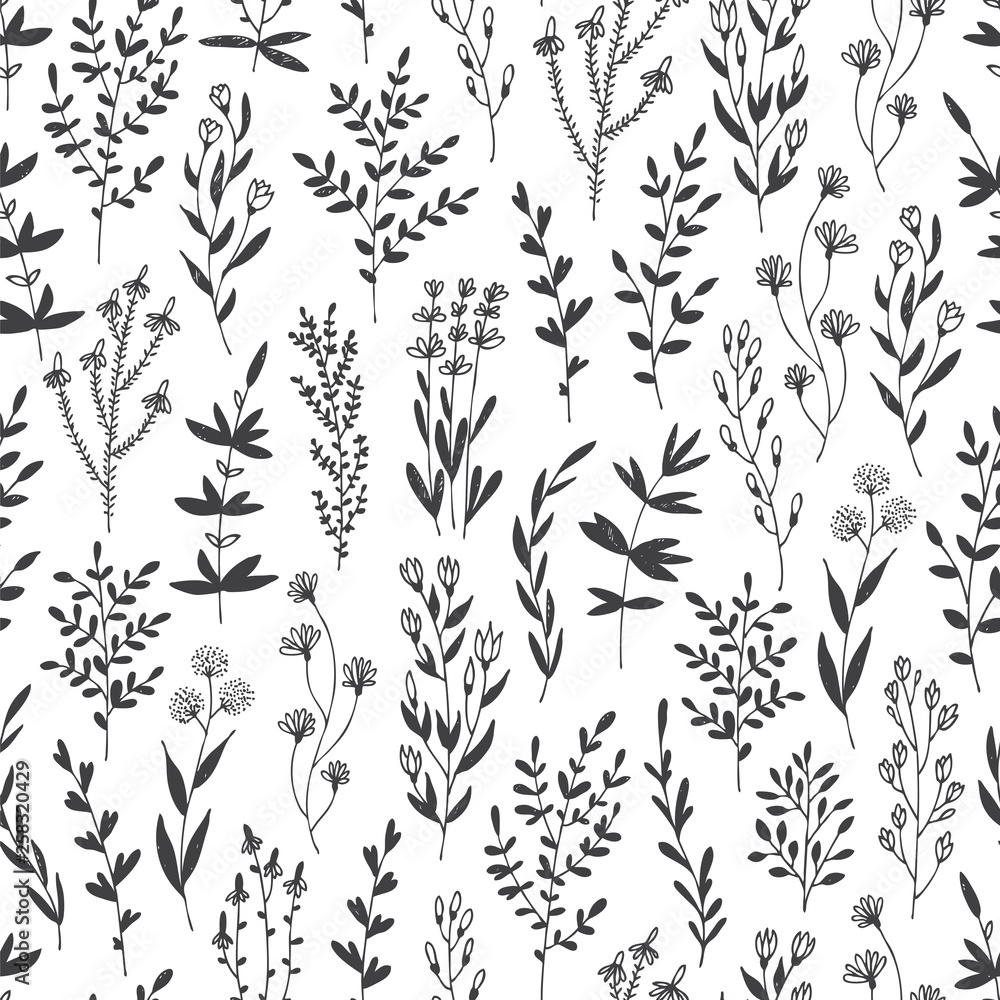 Hand drawn vector seamless pattern with floral elements, herbs, leaves, flowers, twigs, branches Hand drawn vector seamless pattern with floral elements, herbs, leaves, flowers, twigs, branches