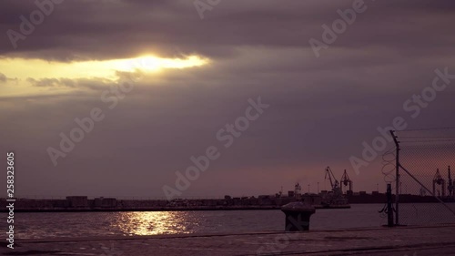 Thessaloniki / Greece 28 march 2019 : the industrial area in the port of thessaloniki.Is spring and the sunset is so beautiful