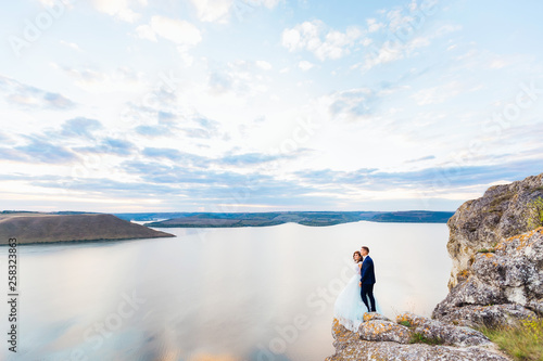 beautiful view of the river and evening sky with clouds. newlywe