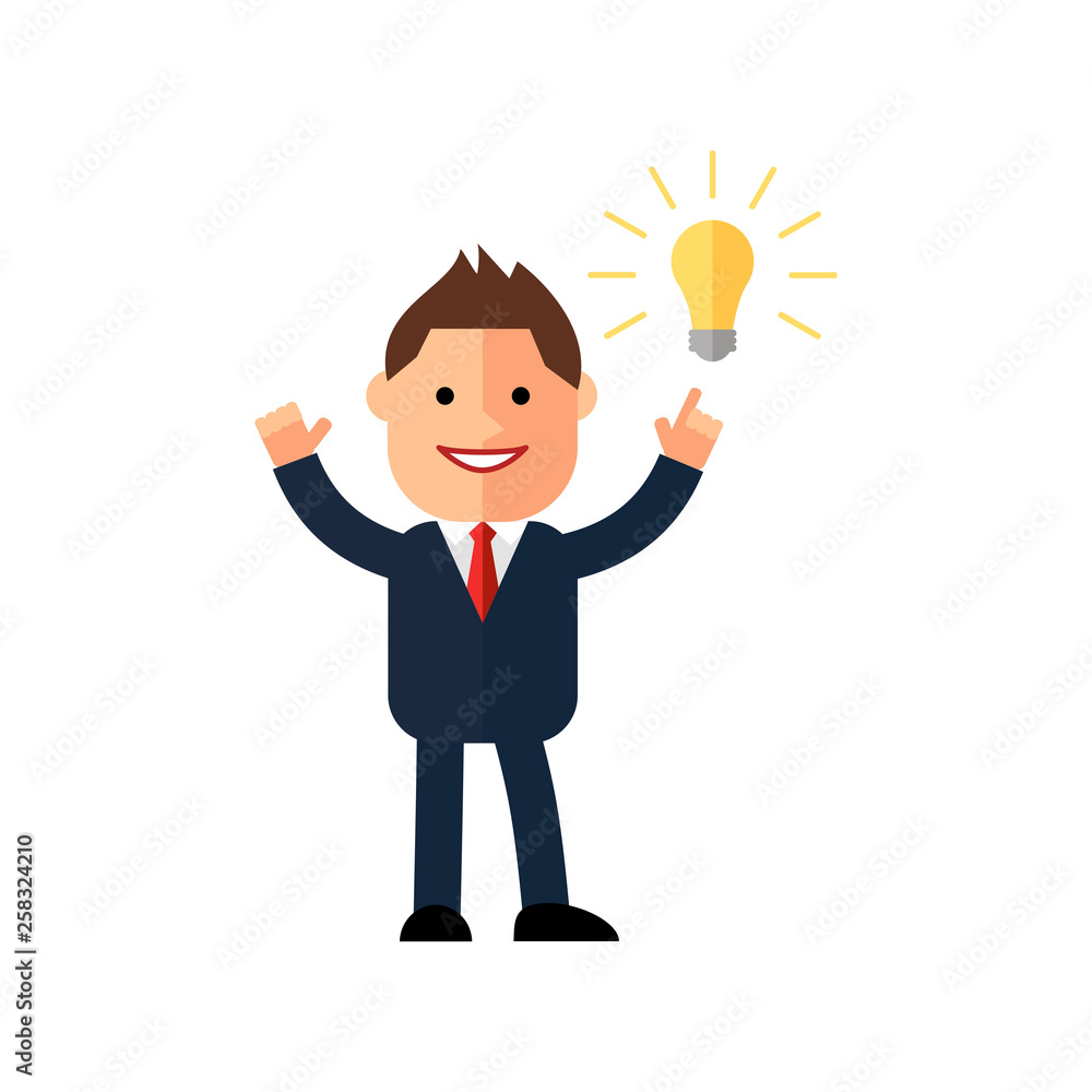 Cartoon man in suit. Concept idea. Vector illustration of a creative young cartoon businessman pointing at light bulb as a symbol of having an idea