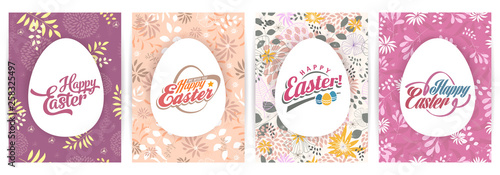 Vector Happy Easter text logo set on line pattern