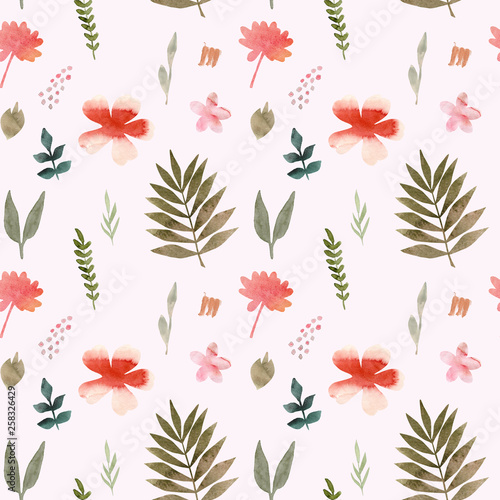 Watercolor seamless pattern of tropical flowers and leaves. Tropic summer print for fabric textile  wrapping paper  clothes. Collage jungle style hand painted illustration. Simple bright design.