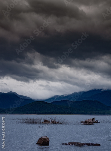 Thailand reservoir with moody skies 