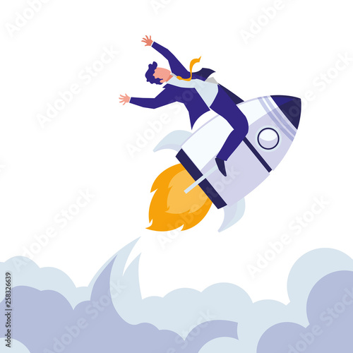 elegant businessman celebrating in rocket startup