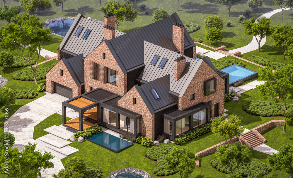 3d rendering of modern cozy clinker house on the ponds with garage and pool for sale or rent with beautiful landscaping on background. Clear sunny summer day with blue sky.